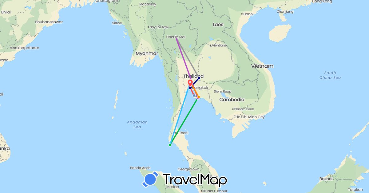 TravelMap itinerary: driving, bus, plane, cycling, train, hiking, boat, hitchhiking in Thailand (Asia)